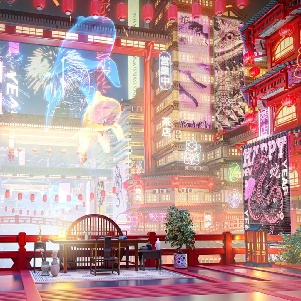 【背景素材】【VTuber向け】動くライブ背景「新春紀元🧨」 /新年 / サイバーパンク風中華風新年背景/配信部屋
