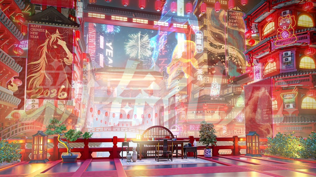 動く背景|LED 画面カスタマイズ可|Chinese New Year|「新春紀元🧨」 /新年 / サイバーパンク風中華風新年背景/Overlay/配信用背景/VTuber向け/動画素材