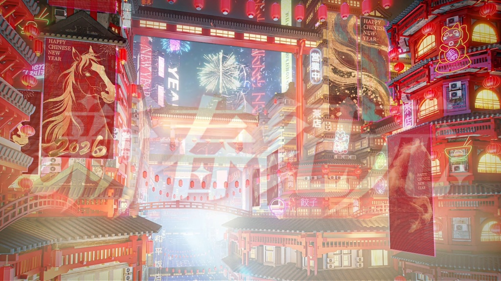 動く背景|LED 画面カスタマイズ可|Chinese New Year|「新春紀元🧨」 /新年 / サイバーパンク風中華風新年背景/Overlay/配信用背景/VTuber向け/動画素材