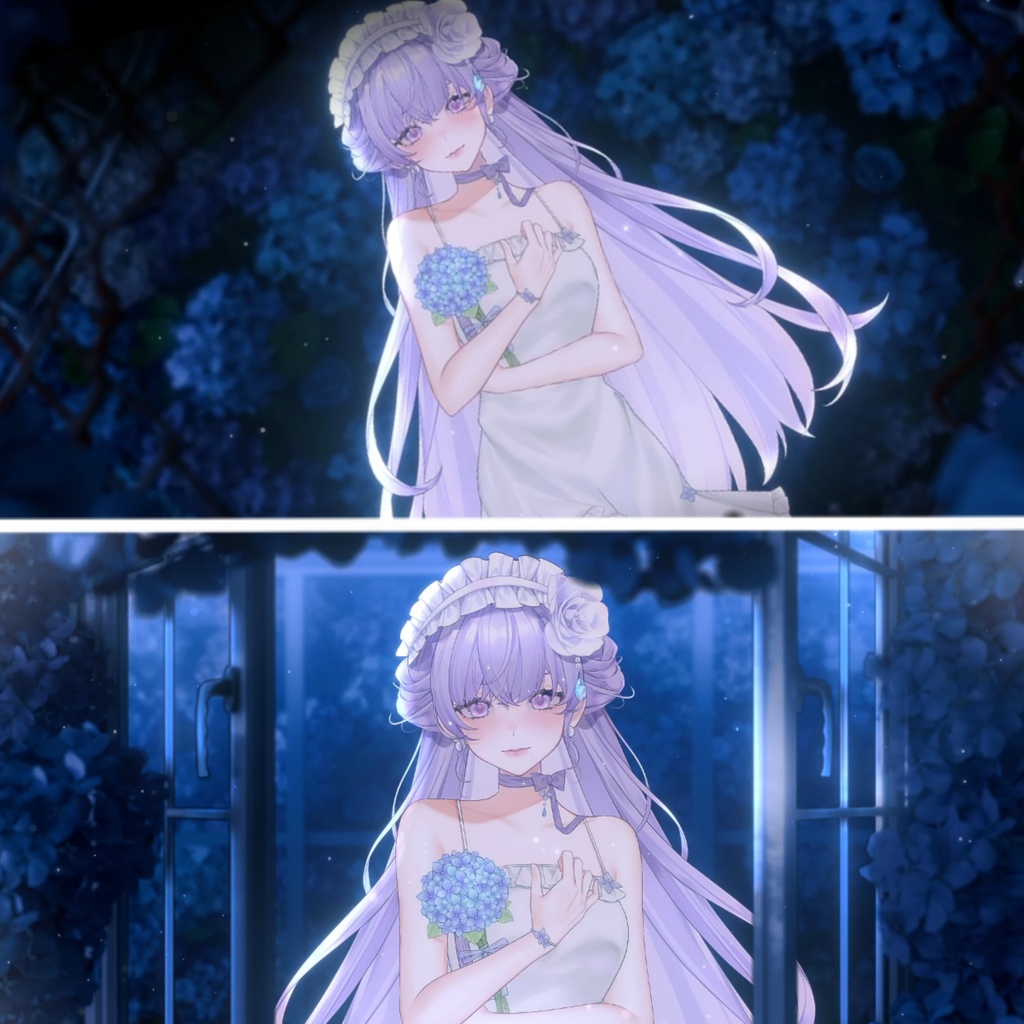 *夜差分BG追加*【VTuber向け】【Live2d付き】💜紫陽花✧˖° 🫧・花の海に横たわる少女 /萌え/Live2D衣装アクセサリー【VTS】配信用素材