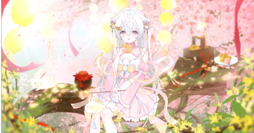 【VTuber向け】【Live2d付き】💌夢月見兔🐇中華風·お月見【VTS】Live2D衣装アクセサリー/配信用素材/動く背景