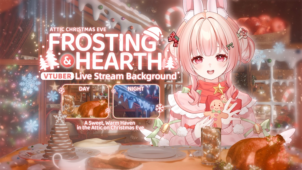 動く背景|Xmas🍰糖霜と暖炉・屋根裏のクリスマスイブ🎄/ 聖夜/ 配信用背景/VTuber向け/動画素材/ 魔法/ 平安なる夜/ Overlay/雰囲気/冬/温かみ/冬の夜/配信部屋