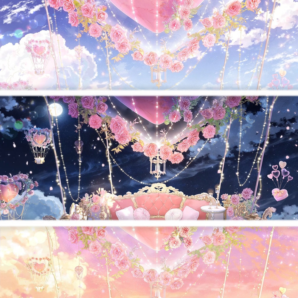 動く背景|Valentine's Day💐搭乗可能な熱気球背景☁️Fly me to the moon🌙/ 空中飛行/Overlay/バレンタイン/雰囲気/0214/配信用背景/VTuber向け/動画素材/配信部屋/日常/生活感