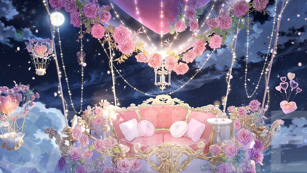 動く背景|Valentine's Day💐搭乗可能な熱気球背景☁️Fly me to the moon🌙/ 空中飛行/Overlay/バレンタイン/雰囲気/0214/配信用背景/VTuber向け/動画素材/配信部屋/日常/生活感