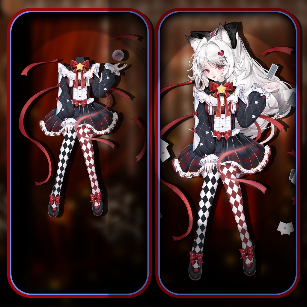 「Outfit Assets」VTuber向け|■🔴■ 赤 × 黒・Red x Black|Full-body /狂気の道化師洋装|カードめくり&水晶球魔法アニメ付き|Live2d付き|エイプリルフール|【VTS】配信用素材/Live2D衣装アクセサリー