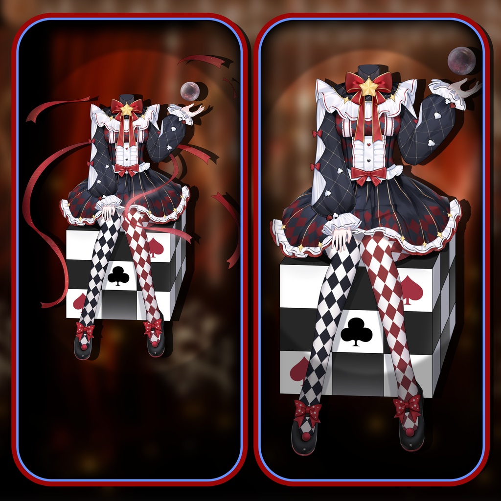 「Outfit Assets」VTuber向け|■🔴■ 赤 × 黒・Red x Black|Full-body /狂気の道化師洋装|カードめくり&水晶球魔法アニメ付き|Live2d付き|エイプリルフール|【VTS】配信用素材/Live2D衣装アクセサリー