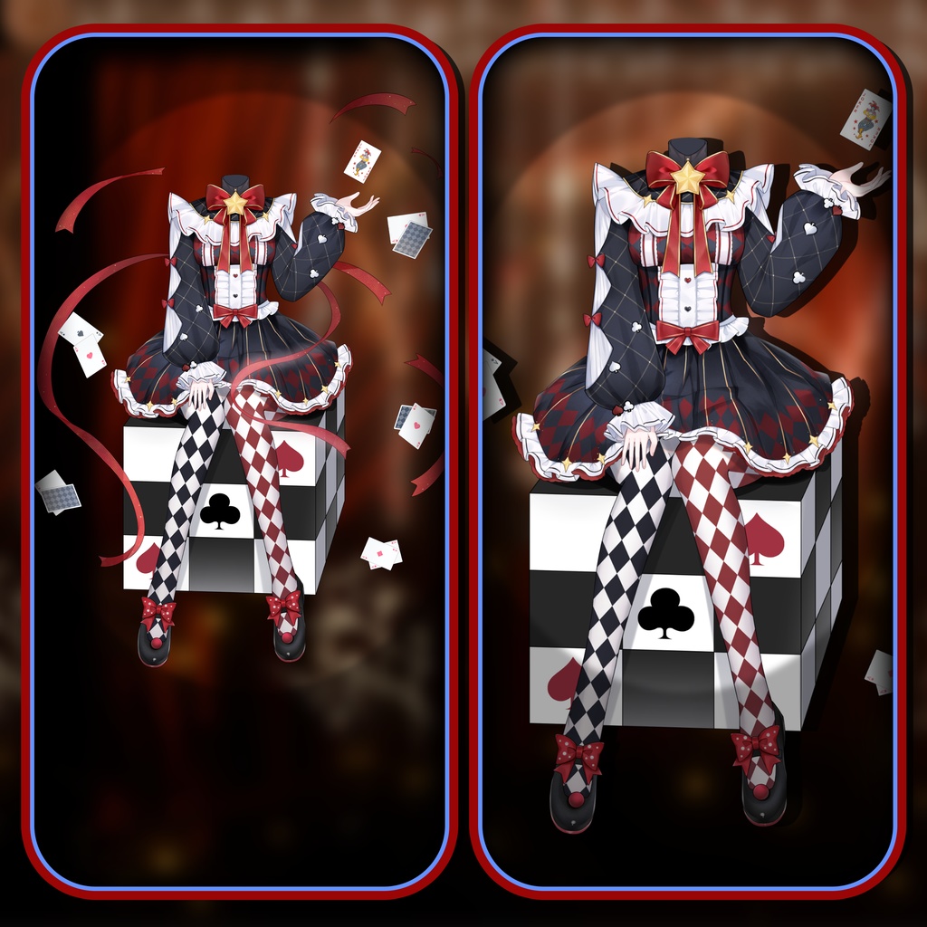 「Outfit Assets」VTuber向け|■🔴■ 赤 × 黒・Red x Black|Full-body /狂気の道化師洋装|カードめくり&水晶球魔法アニメ付き|Live2d付き|エイプリルフール|【VTS】配信用素材/Live2D衣装アクセサリー