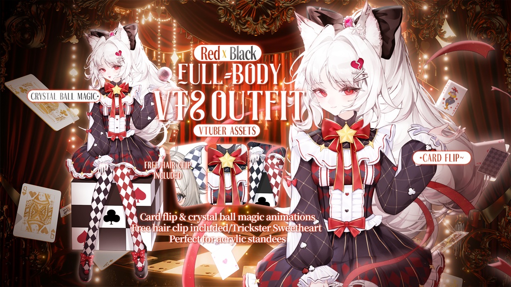 「Outfit Assets」VTuber向け|■🔴■ 赤 × 黒・Red x Black|Full-body /狂気の道化師洋装|カードめくり&水晶球魔法アニメ付き|Live2d付き|エイプリルフール|【VTS】配信用素材/Live2D衣装アクセサリー