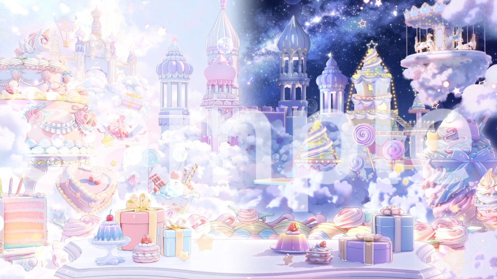 動く背景|Sweet Parade ☁️🏰 銀河パレードの祝祭背景 /誕生日配信 / 記念日配信 / イベント配信 / 昼夜差分 / ユニコーン / ケーキテーブル / ループスクロール / VTuber向け配信素材/雰囲気/動画素材/配信部屋/宴会