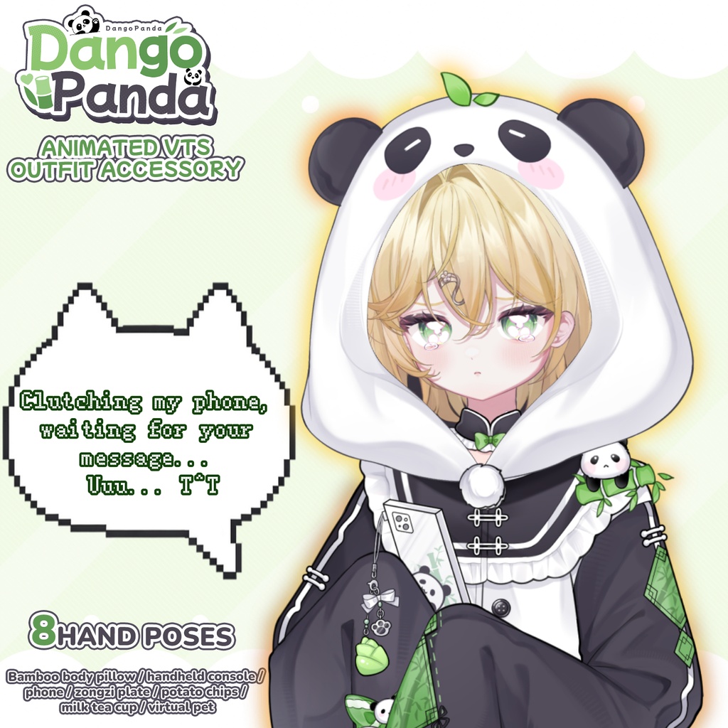 「Outfit Assets」VTuber向け|🐼中華風パンダ娘 × おうち時間|全身VTS Live2Dアクセサリー / 8種類の手差分 / 無料パンダフード付き / 無料パンダマスコット付き / 竹抱き枕 / スマホ / 携帯ゲーム機 / ポテチ / ミルクティー / 配信用素材
