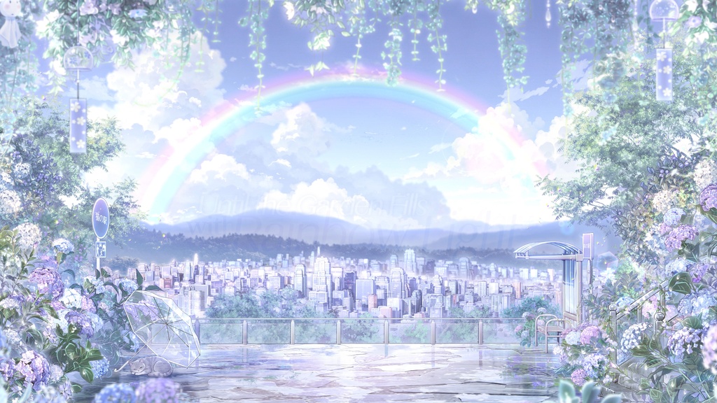 【動く背景素材】🌈紫陽花の雨上がり庭園背景&前景素材☔|配信部屋 / 昼夜差分 / 晴雨差分 / 虹 / 透明傘 / 子猫 / VTuber向け / 配信用背景素材 / Animated VTuber Background / Hydrangea Garden / Day & Night / Rain & Clear / Stream Room / Foreground