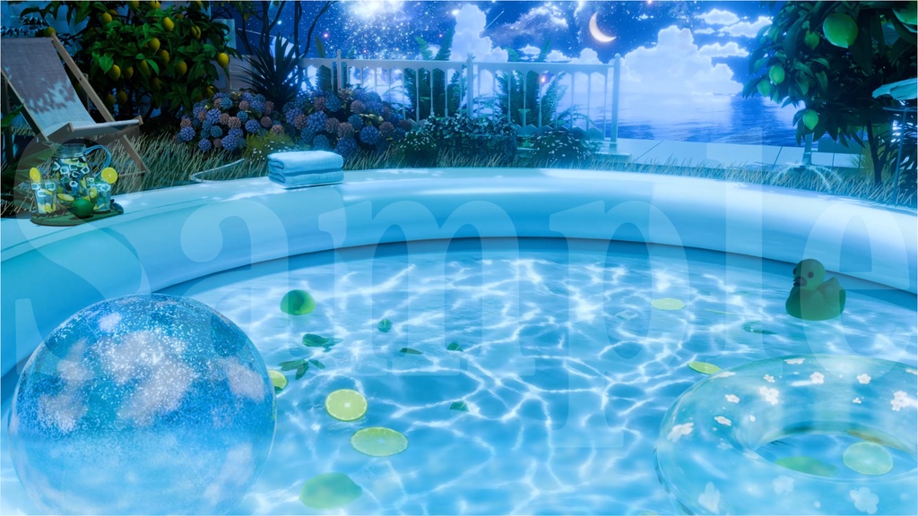 🍋🌊【昼夜差分】小庭の夏休み|ビニールプールの動くVTuber配信背景素材 / Animated Summer Pool VTuber Background