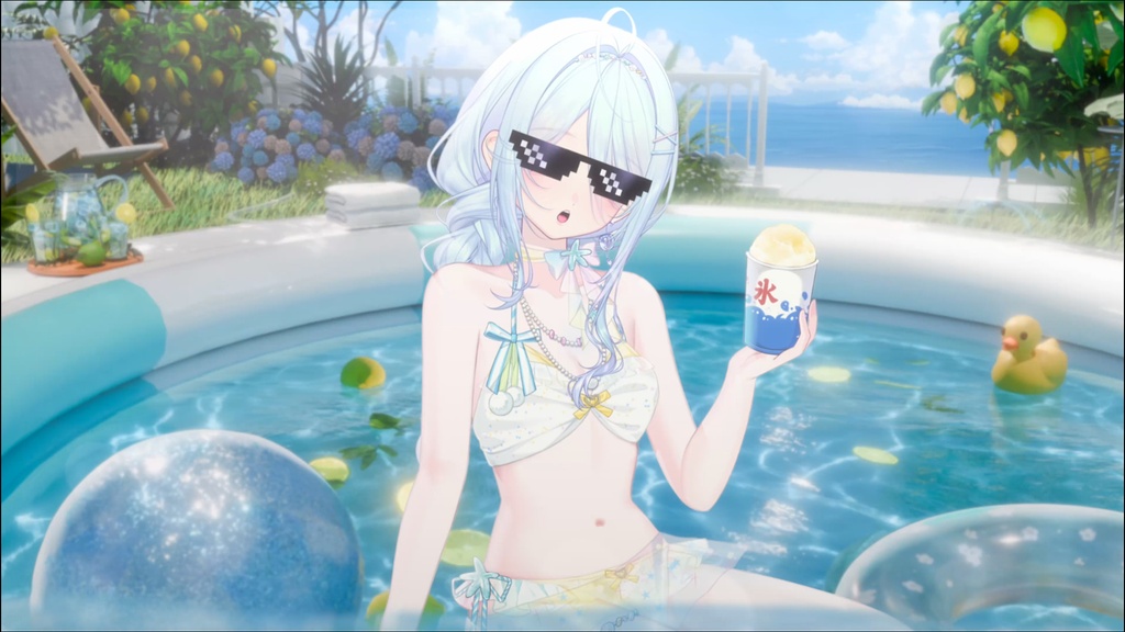 🍋🌊【昼夜差分】小庭の夏休み|ビニールプールの動くVTuber配信背景素材 / Animated Summer Pool VTuber Background