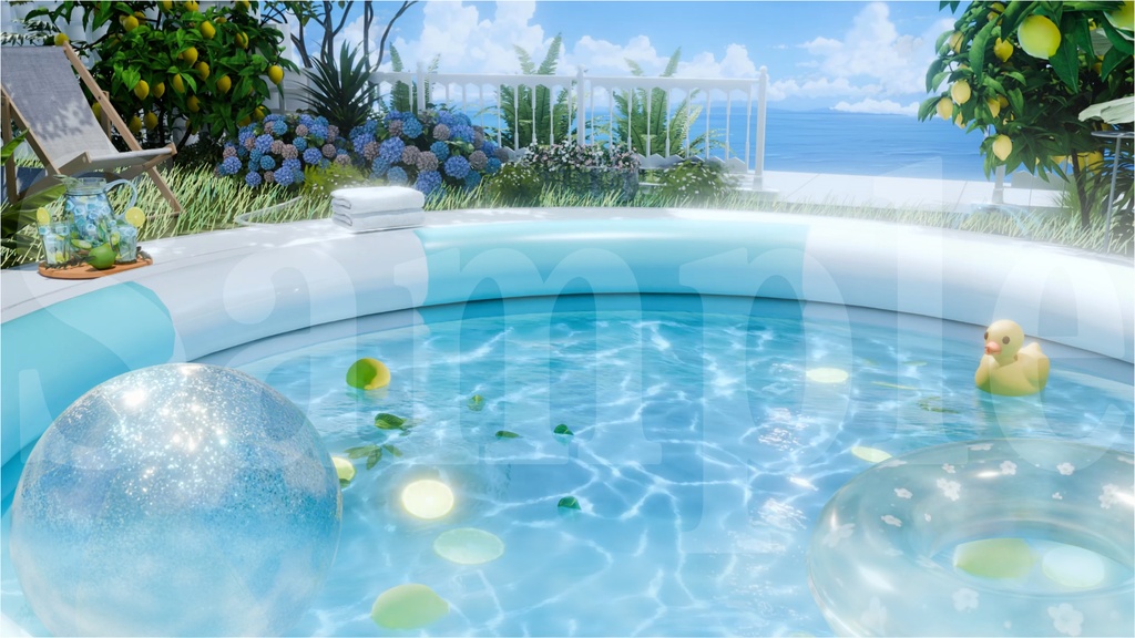 🍋🌊【昼夜差分】小庭の夏休み|ビニールプールの動くVTuber配信背景素材 / Animated Summer Pool VTuber Background