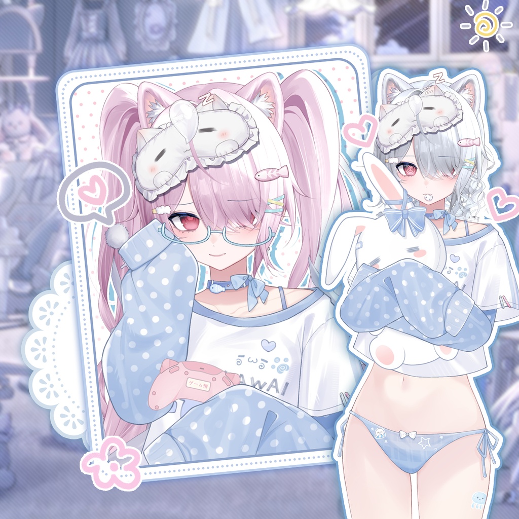 🦭🎮ちょこっとおひるね~♡ ねむねむあざらしの水色おうちウェア|VTS対応 VTuberアニメーション衣装アクセサリー【Live2D/5種ハンドポーズ/ボトム切り替え】Animated VTuber Outfit