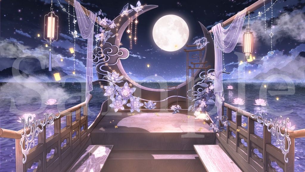 【期間限定価格】୨୧ 🌕月兎花宵🐇୨୧|中秋節・幻想中華風の動くVTuber配信背景|船体OFF差分&月光の海|Animated VTuber Background|Eastern Fantasy Moonlit Sea & Boat-Free Variation