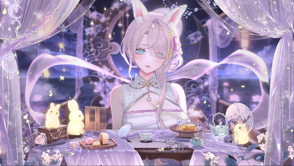 【期間限定価格】୨୧ 🌕月兎花宵🐇୨୧|中秋節・幻想中華風の動くVTuber配信背景|船体OFF差分&月光の海|Animated VTuber Background|Eastern Fantasy Moonlit Sea & Boat-Free Variation