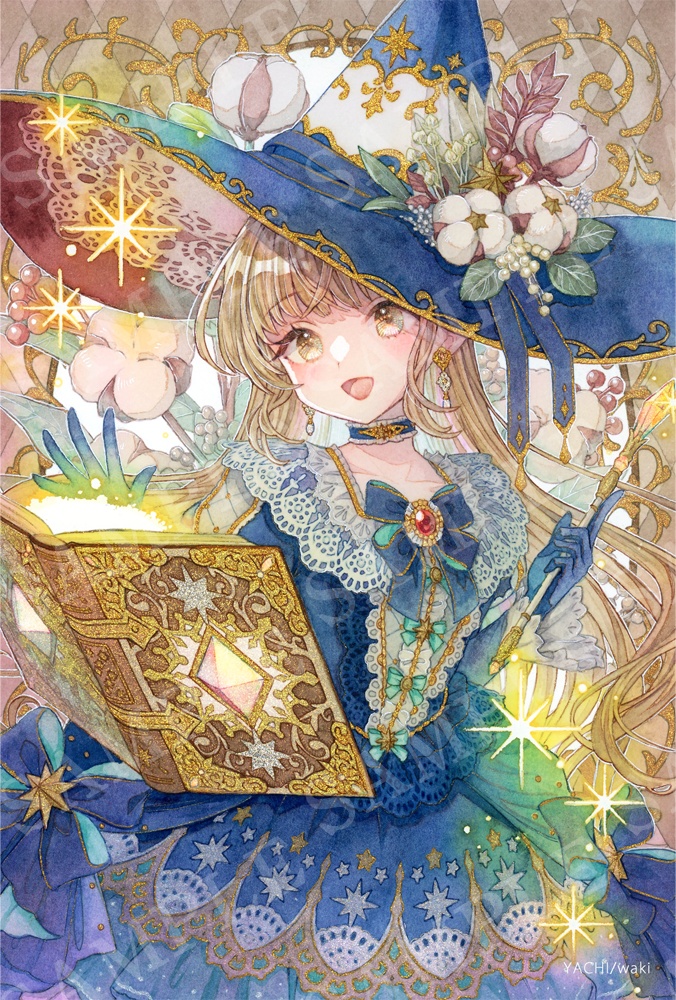 ポストカード「夜色ドレスの魔女と星の魔導書」