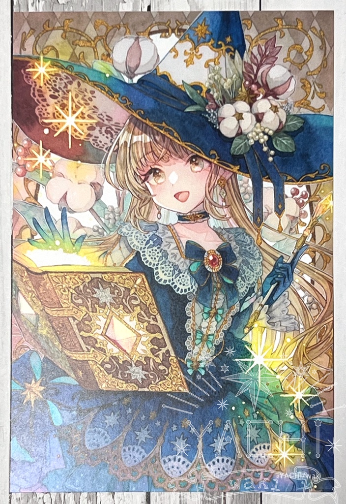【倉庫発送】ポストカード「夜色ドレスの魔女と星の魔導書」