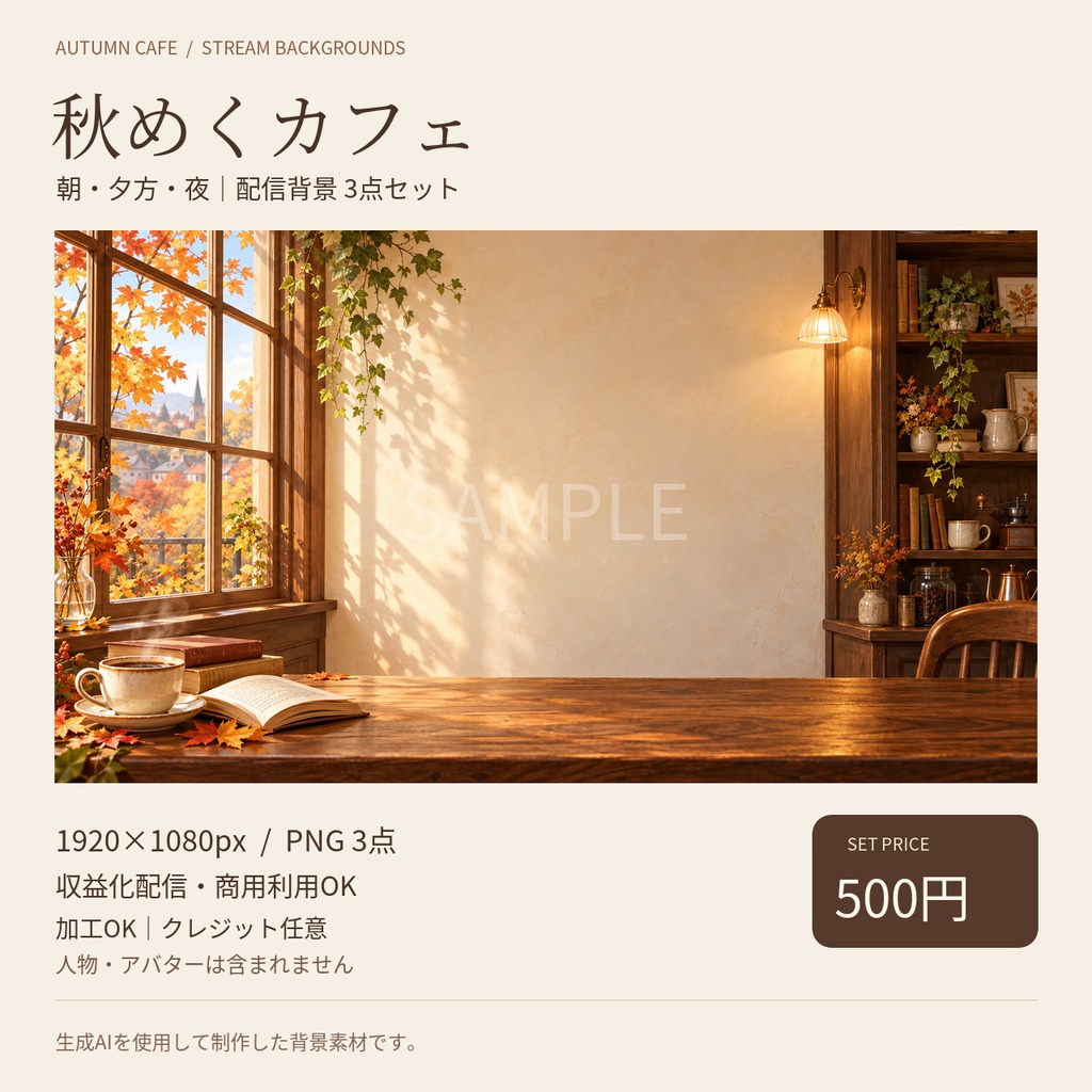 秋風カフェ 配信用背景(朝、夕方、夜3点セット)