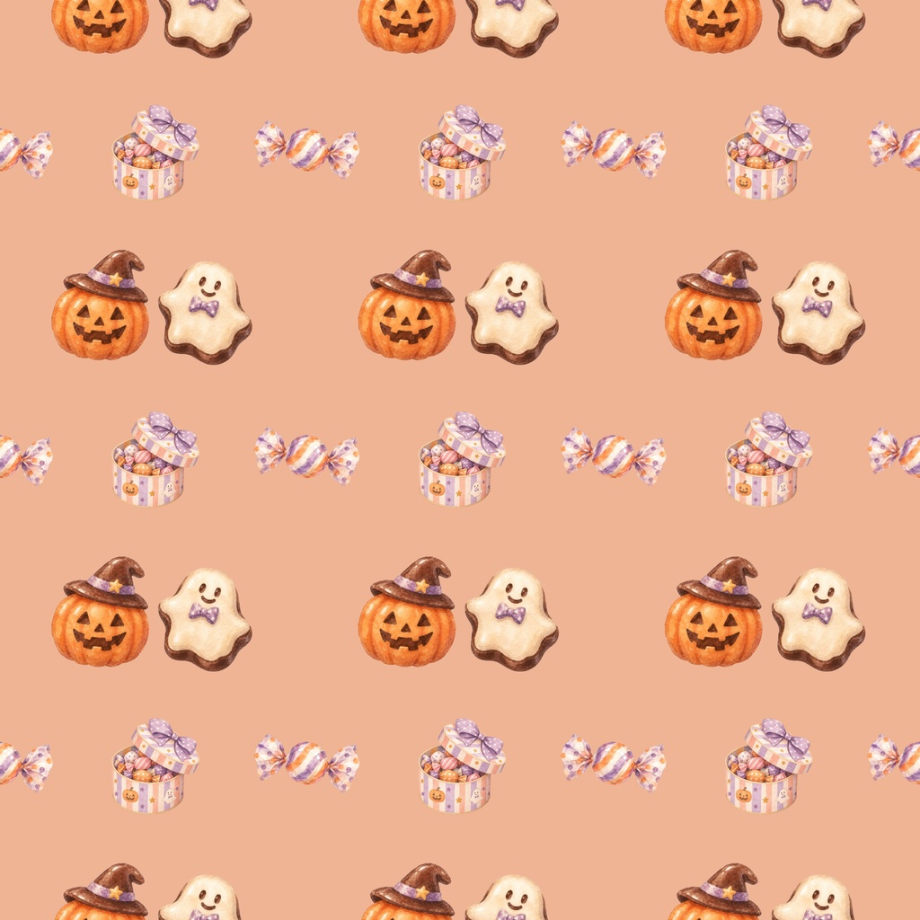 くすみカラー ハロウィン シームレスデジタルペーパー|大人かわいい水彩素材|5柄×2色全10種類|PNG