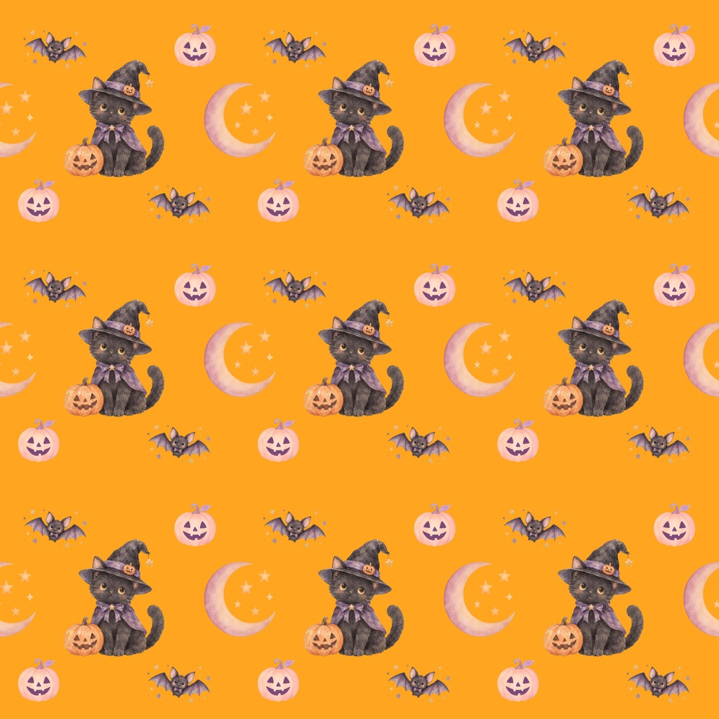 大人かわいいハロウィン黒猫柄水彩デジタルペーパー3色セット