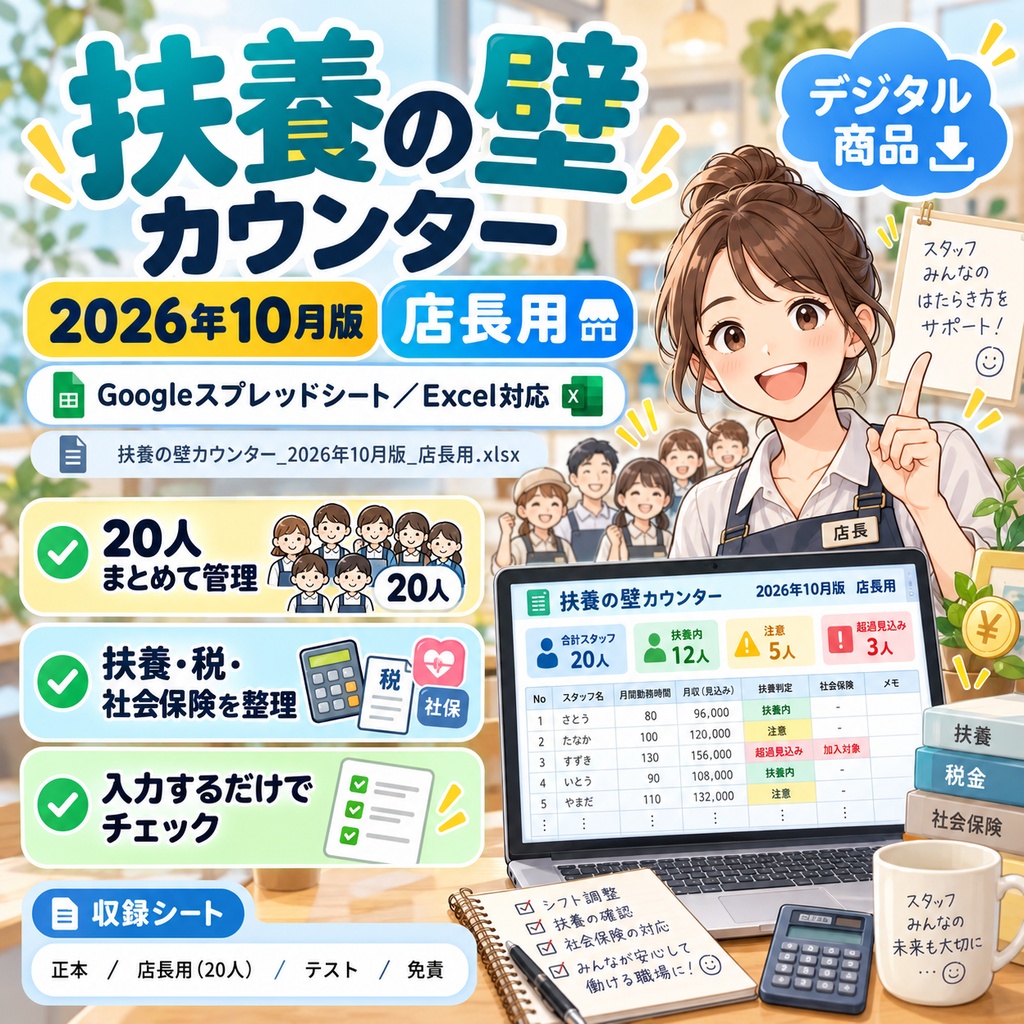 扶養の壁カウンター 2026年10月版(店長用・20人)Googleスプレッドシート/Excel