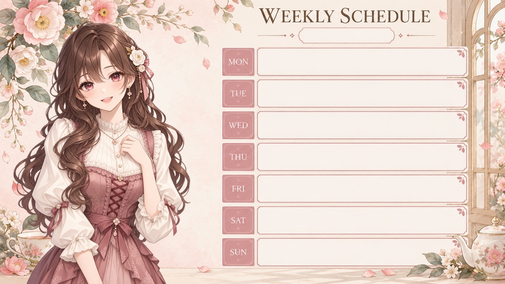 【全5色/単色あり】花咲くティータイム|週間配信スケジュール素材【VTuber・配信者向け】