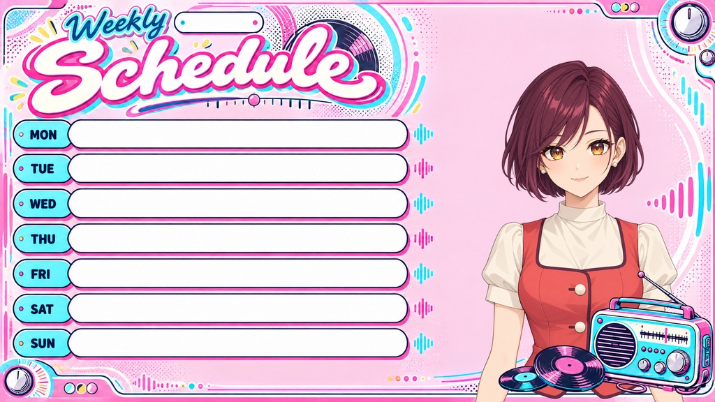【全5色/単色あり】スイートラジオ|週間配信スケジュール素材【VTuber・配信者向け】