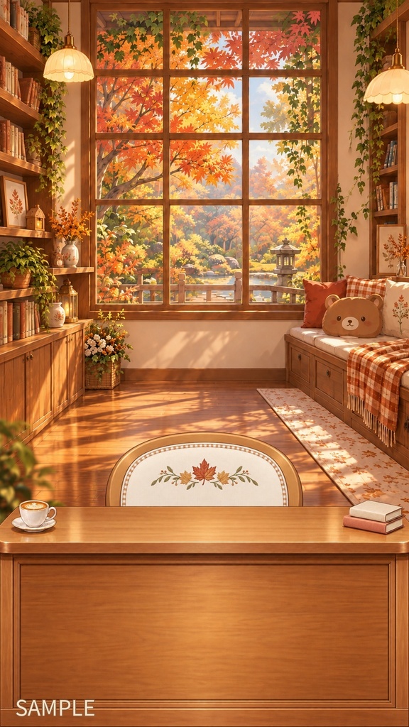 【YouTube・TikTok対応】秋のほっこりルーム｜紅葉の配信背景・椅子・机セット【VTuber・配信者向け】