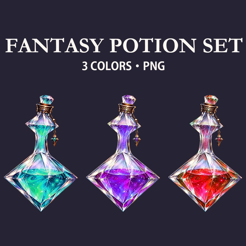 【PNG素材】ファンタジーポーション 3色セット|Fantasy Potion Set