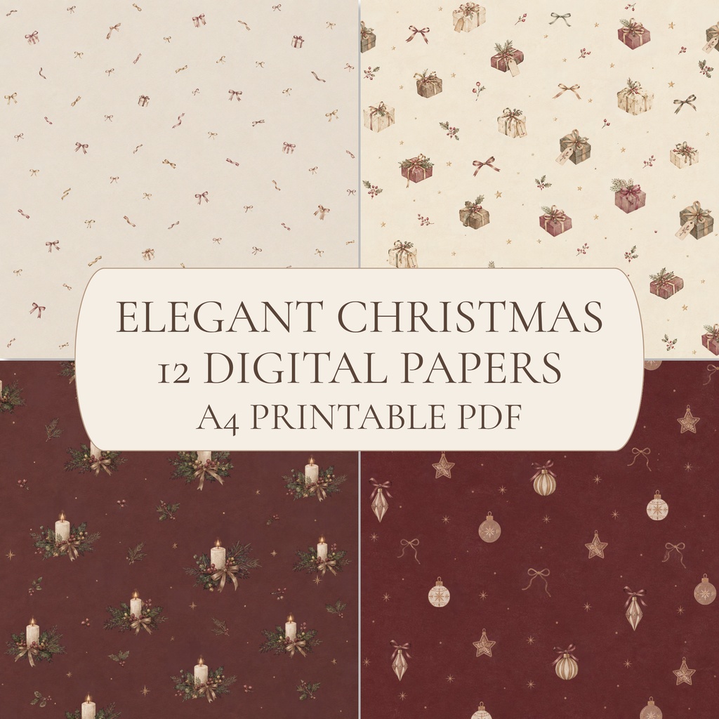 Elegant Christmas|大人のクリスマスデザインペーパー12枚セット|A4印刷用PDF付き
