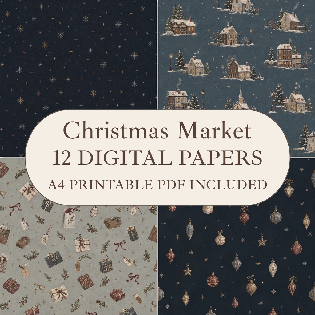 Christmas Market｜ヴィンテージクリスマス デザインペーパー12枚セット｜A4印刷用PDF付き