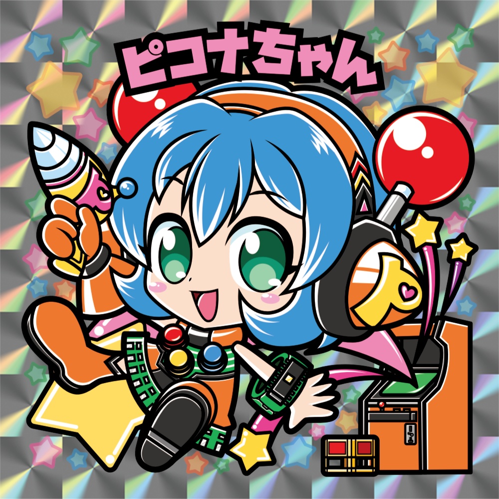 【オリジナル】食当〜SHOCK ATARI看板娘「ピコナちゃん(オレンジカラー)」ビックリマン風自作キラキラシール/裏書きあり/送料込み