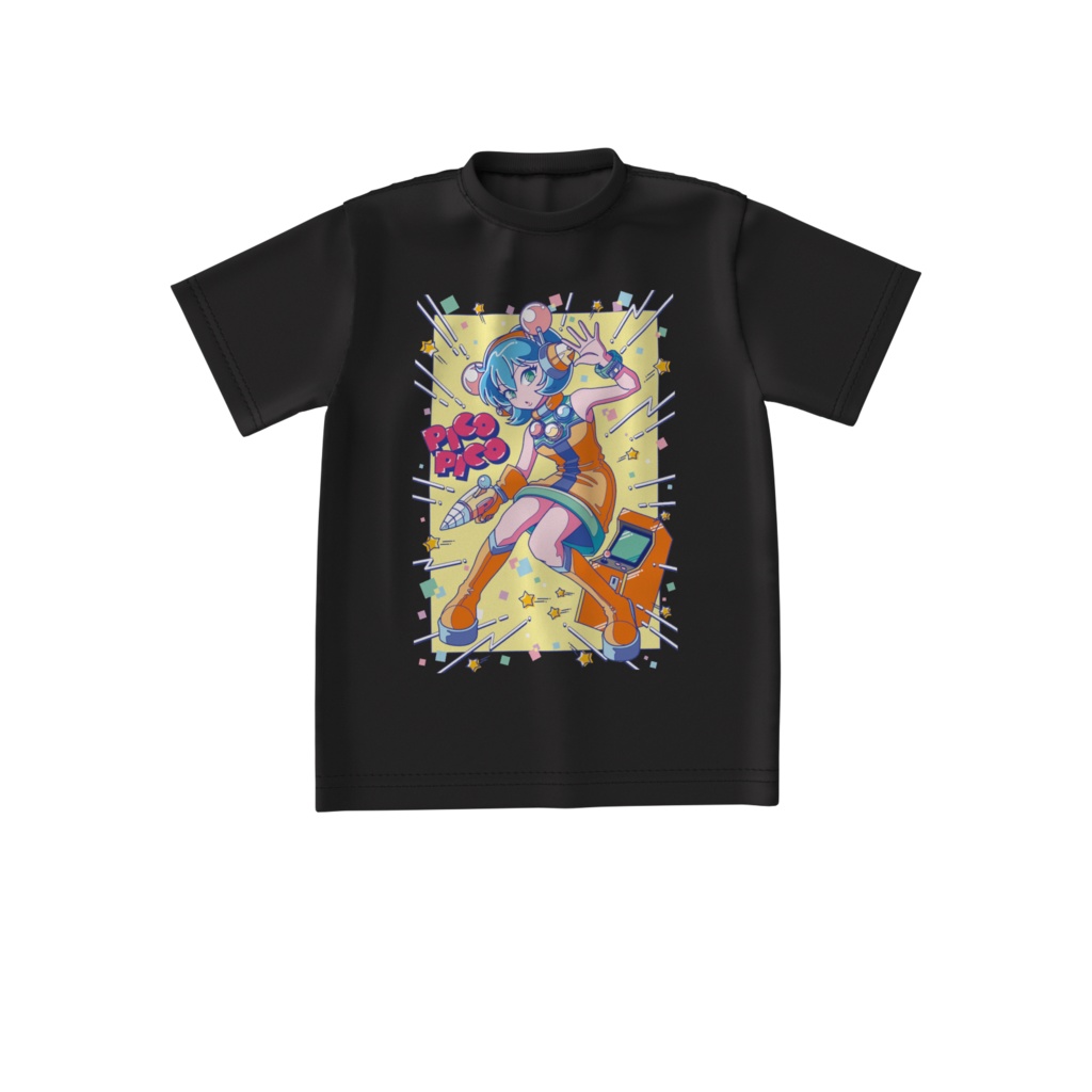 80sレトロポップ「ピコナ」Tシャツ(ビッグシルエット/ブラック)