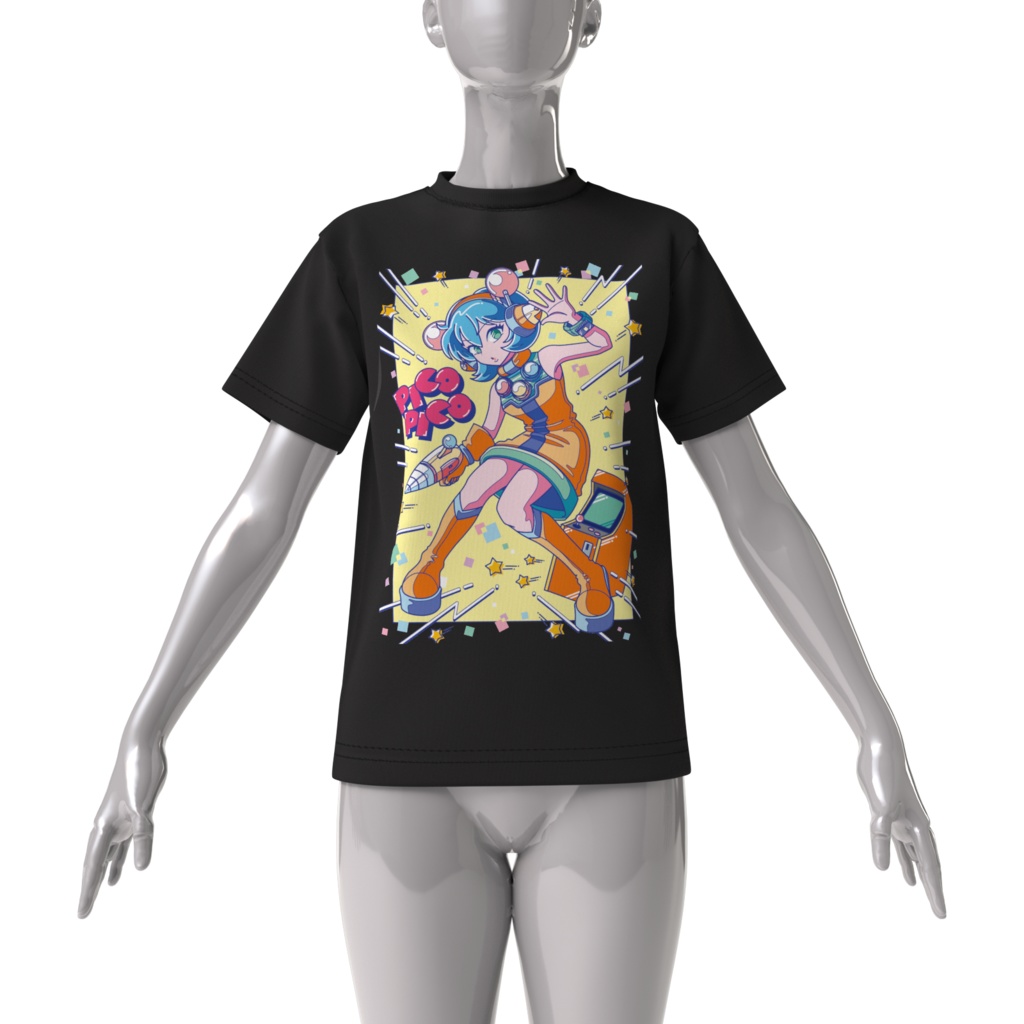 80sレトロポップ「ピコナ」Tシャツ(ビッグシルエット/ブラック)