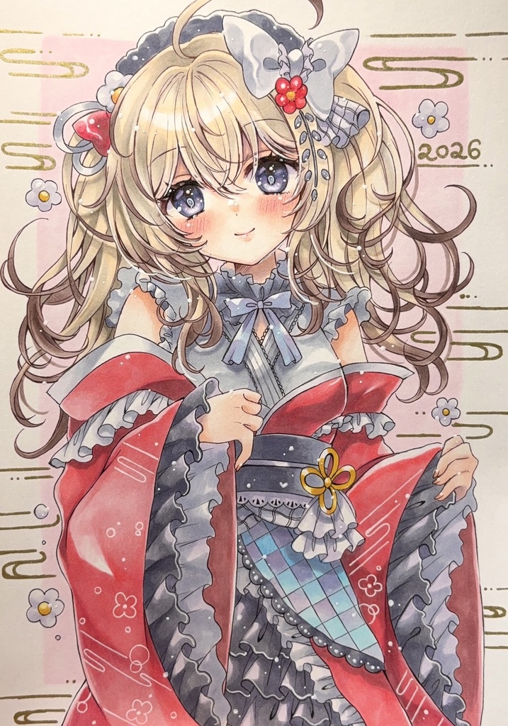 同人手描きイラスト◆オリジナル　happy new year♡2026 はるかぜちゃん　原画◆直筆