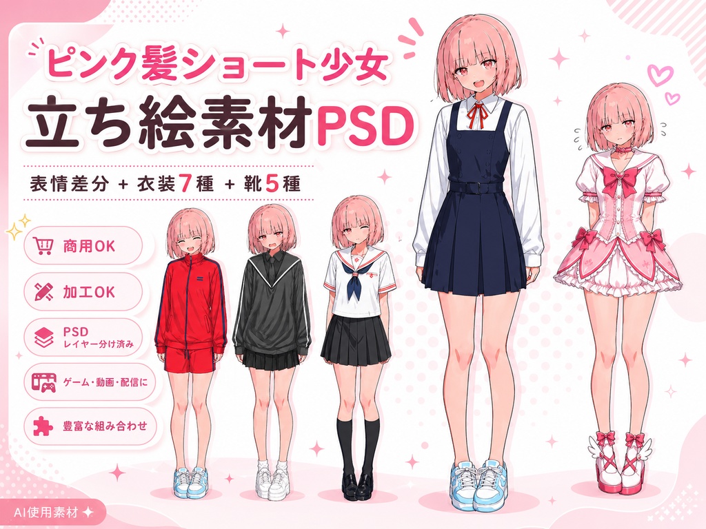 【立ち絵素材PSD/15万通り】ピンク髪ショート少女|表情差分+衣装7種+靴5種|商用OK・R-18OK・加工OK【AI使用素材】
