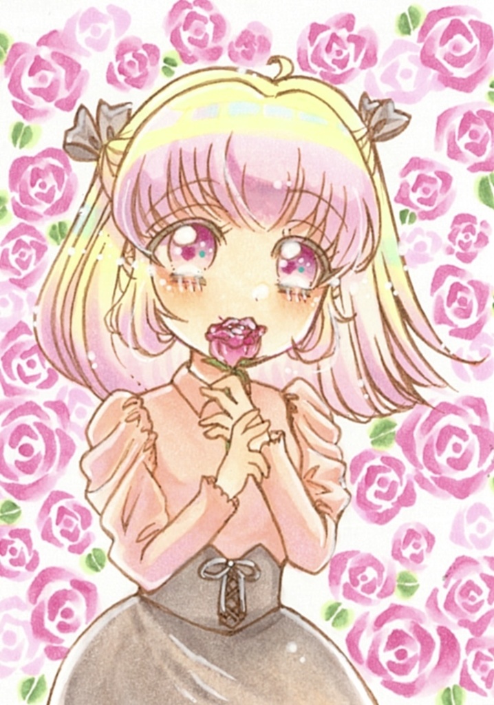 お値下げ/ミニ原画/バラを一輪くださいな(ピンクの薔薇)