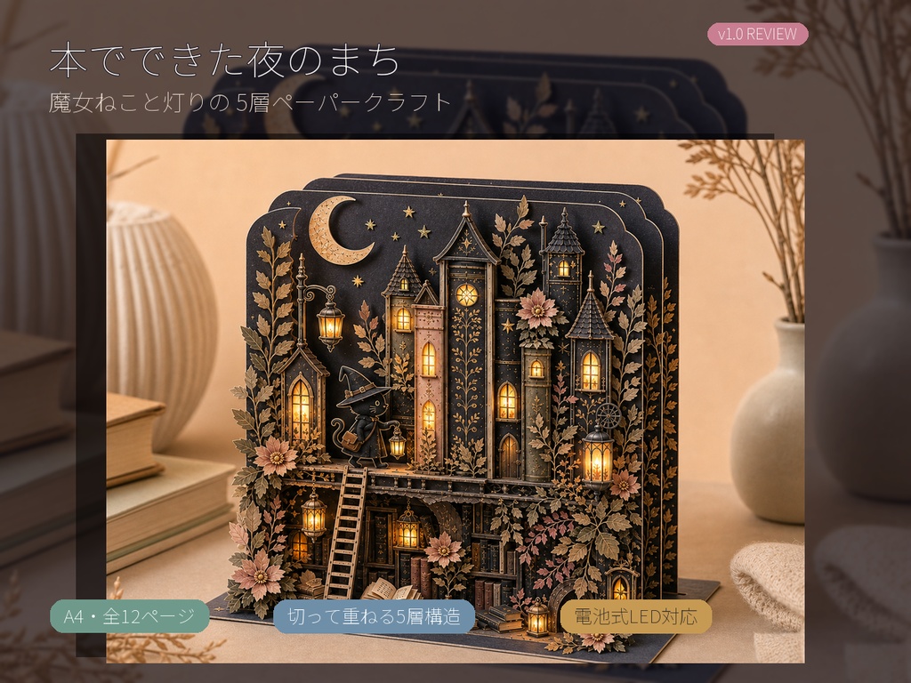 【先行モニター版 v1.0】本でできた夜のまち｜魔女ねこと灯りの5層ペーパークラフト【A4・全12ページ】