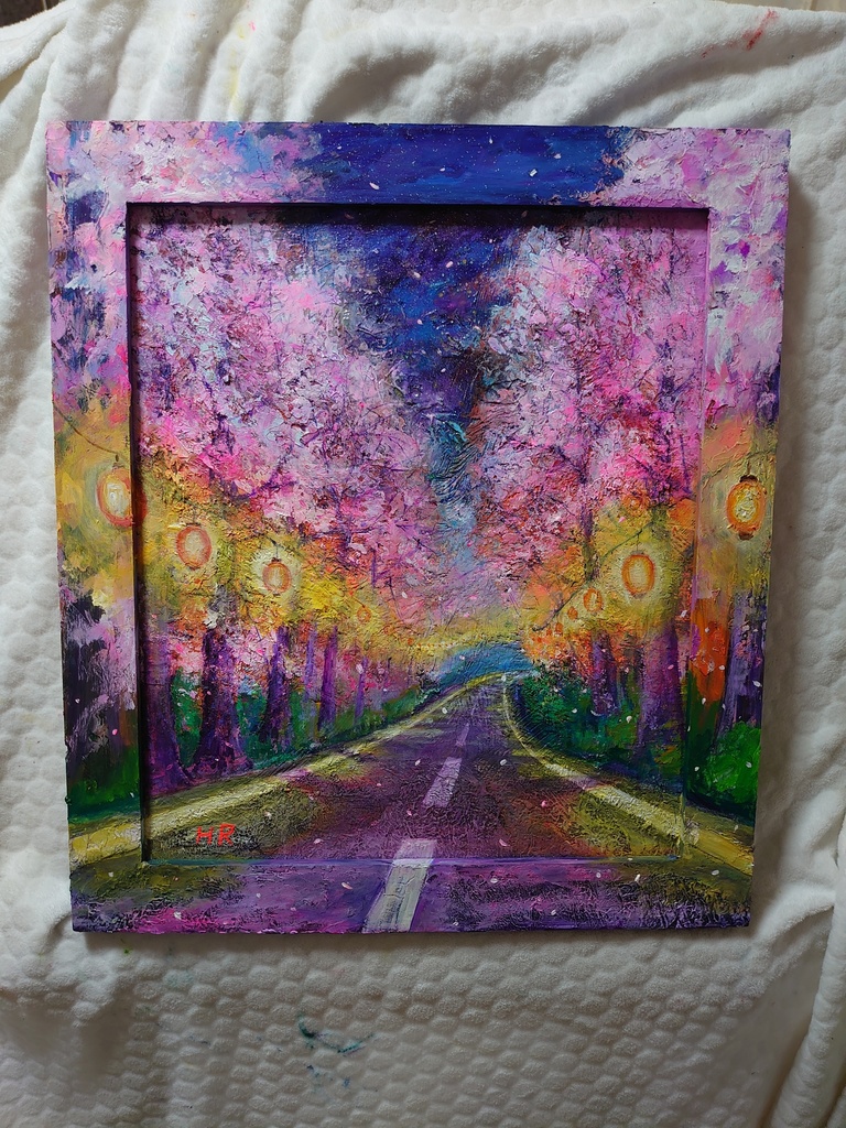 油絵 夜桜の道