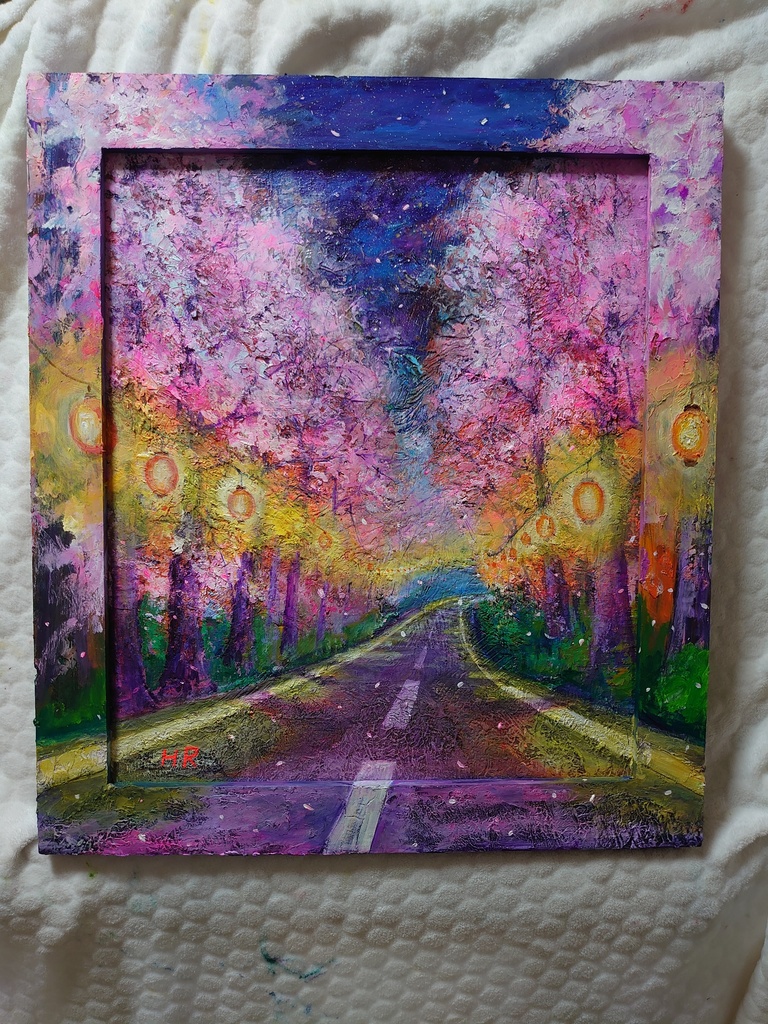 油絵 夜桜の道