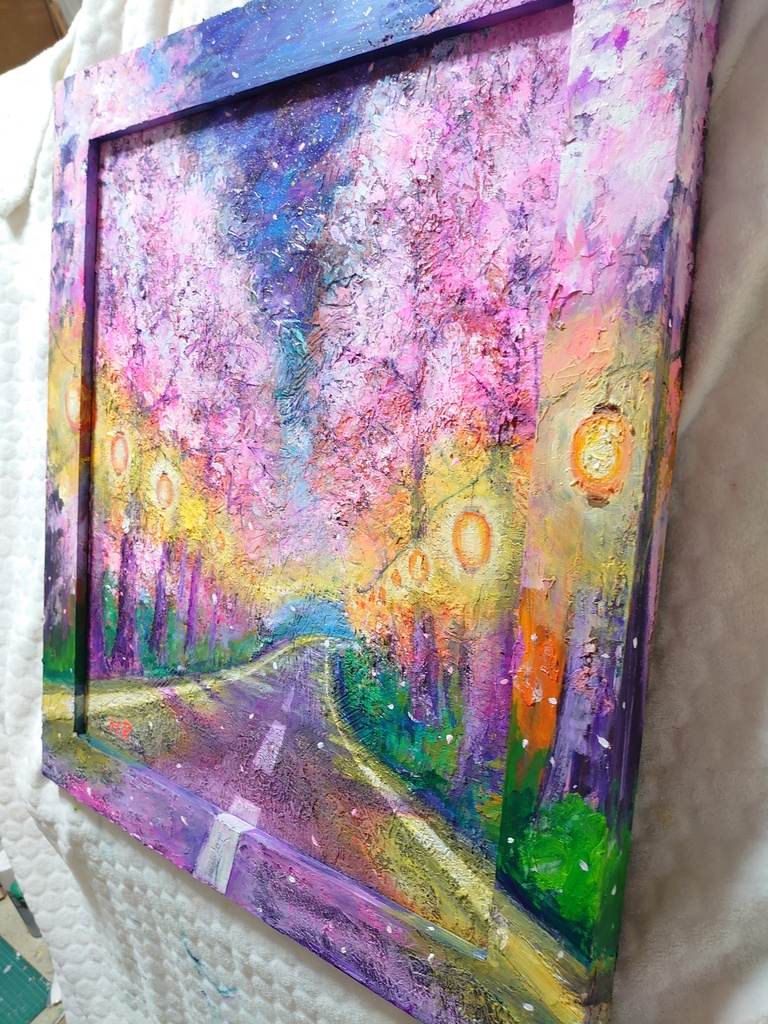 油絵 夜桜の道
