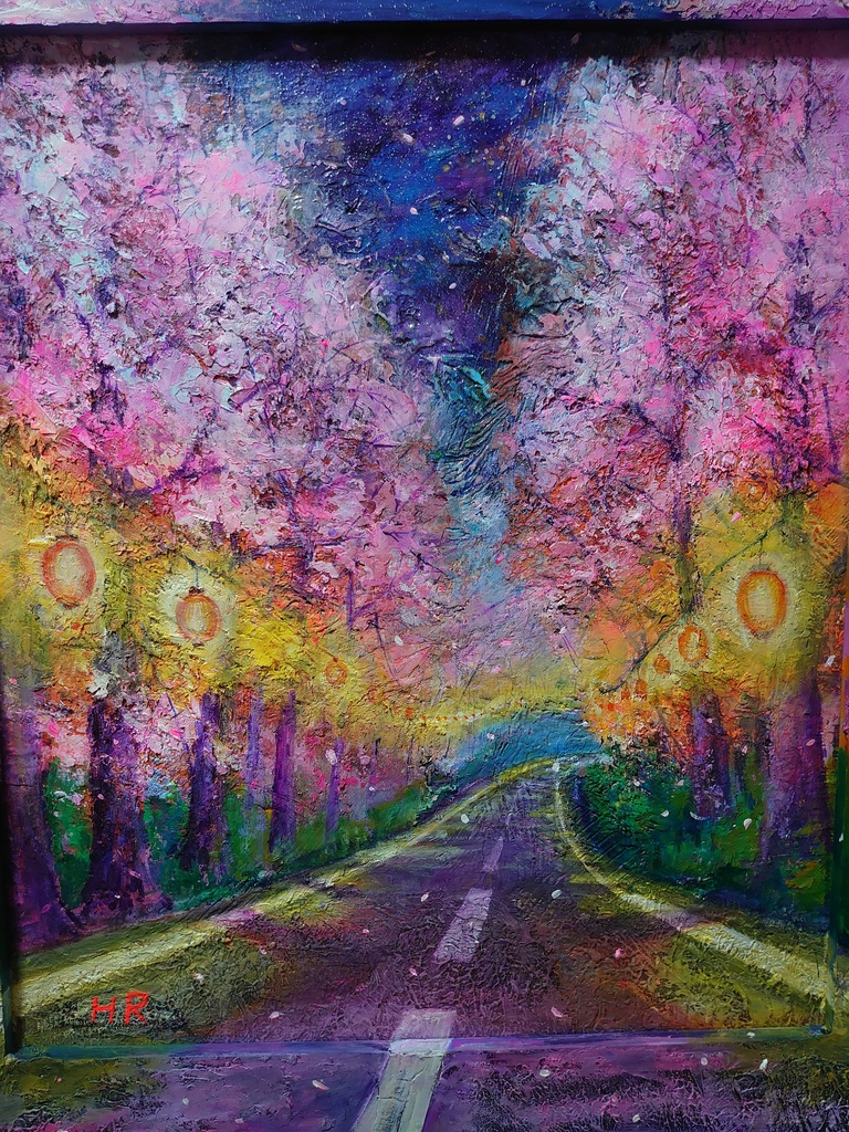 油絵 夜桜の道