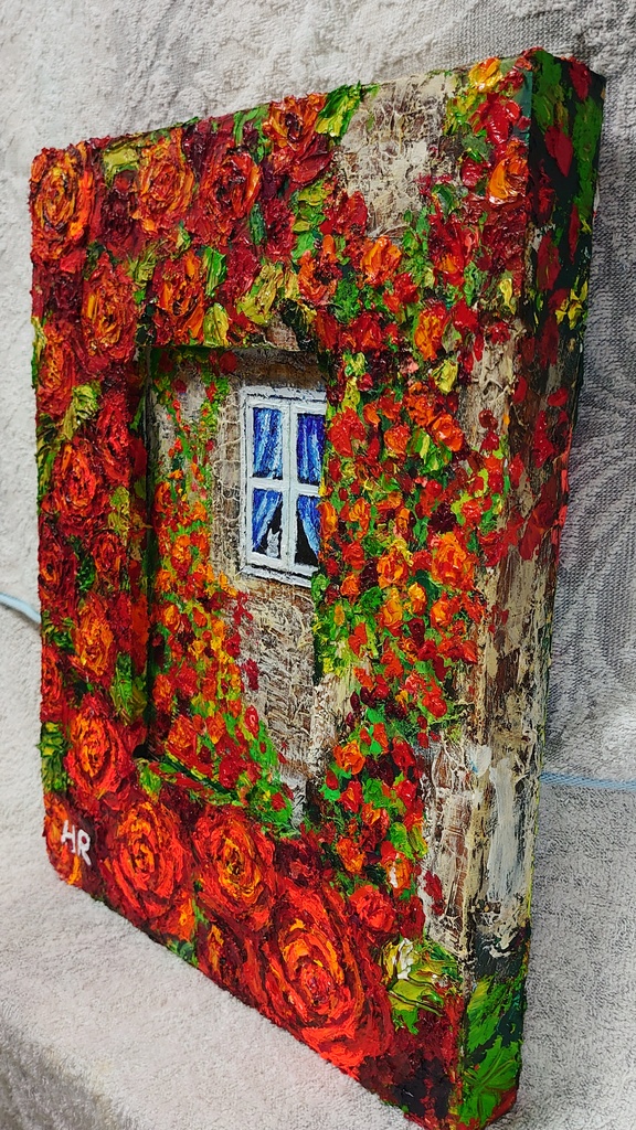 油絵 猫と赤い薔薇