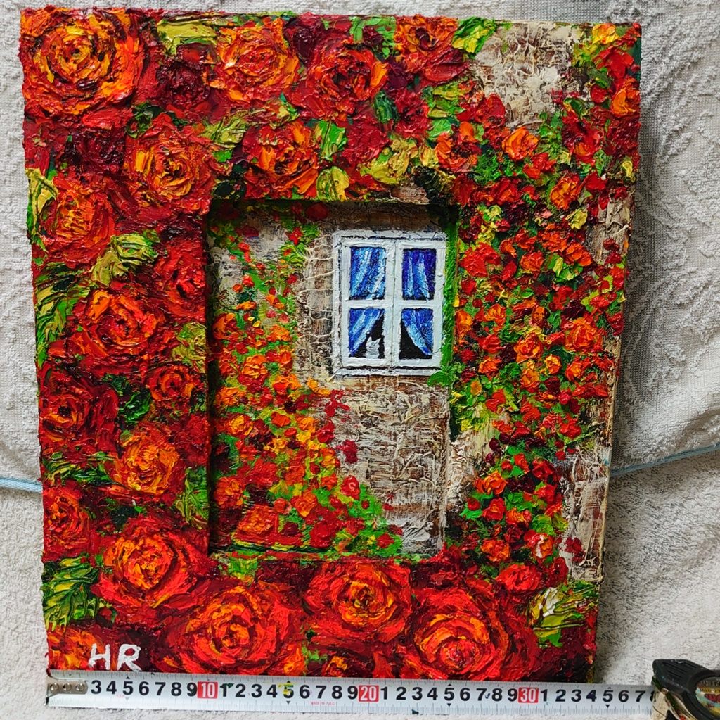 油絵 猫と赤い薔薇