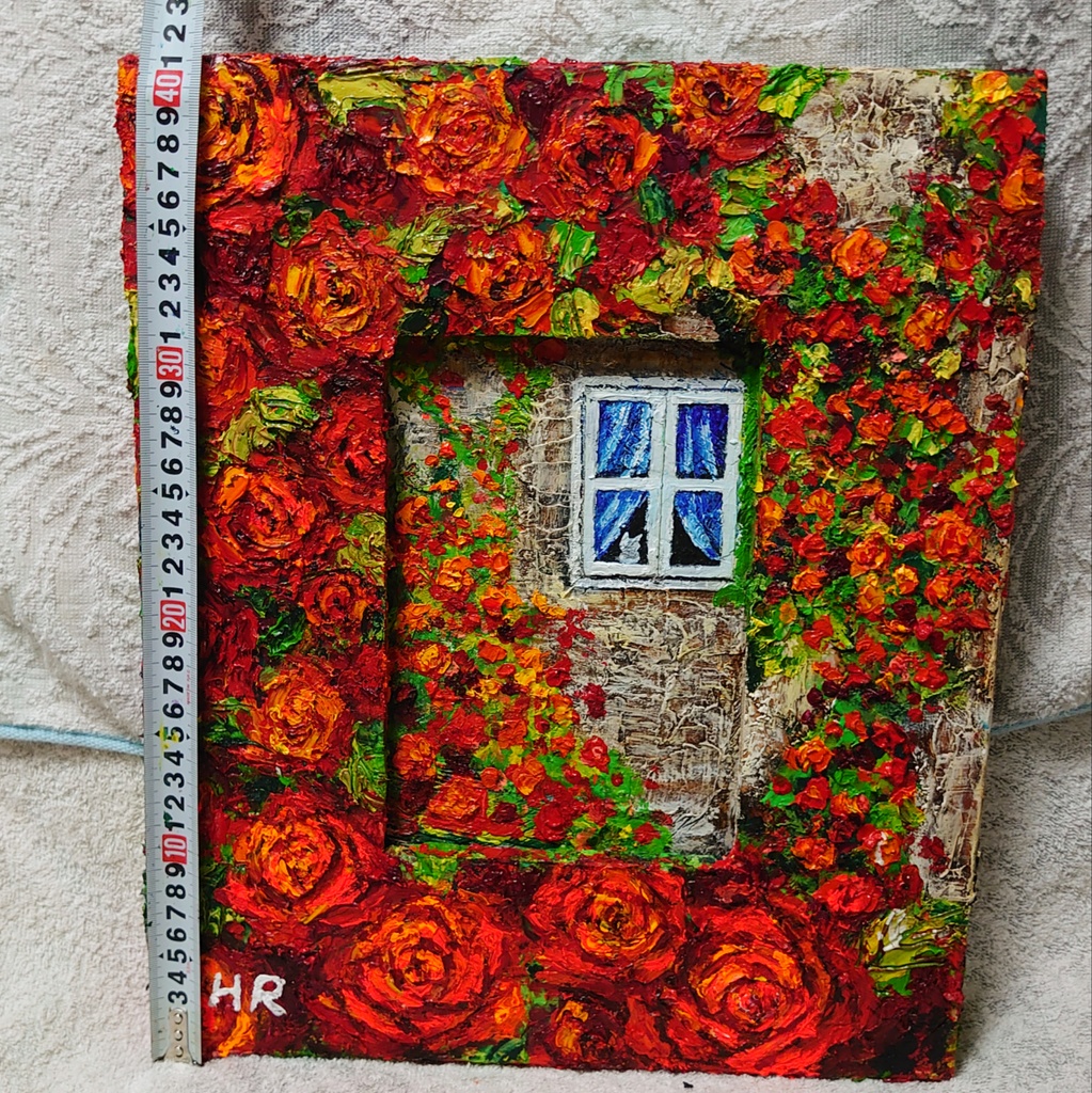 油絵 猫と赤い薔薇