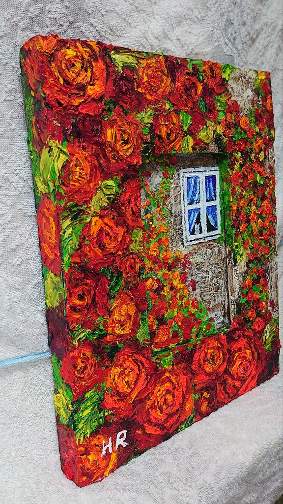 油絵 猫と赤い薔薇