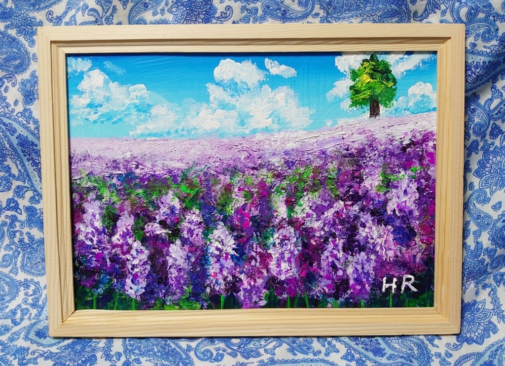 油絵 ラベンダー畑の一本木