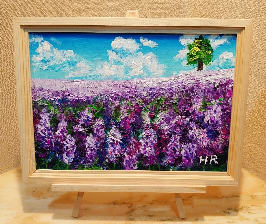 油絵 ラベンダー畑の一本木